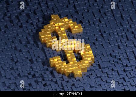Symbole dollar formé de cubes dorés sur fond sombre. illustration 3d. Banque D'Images