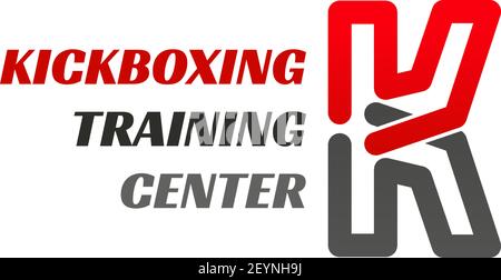 Icône vectorielle pour centre d'entraînement de kickboxing, isolée sur fond blanc. Emblème du centre d'entraînement pour le club de chasse ou la salle de sport. Concept de combat et de remise en forme Illustration de Vecteur