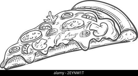 Pizza au fromage pepperoni collation fastfood isolée. Tranche de pain triangle vectoriel avec tomates et saucisses Illustration de Vecteur