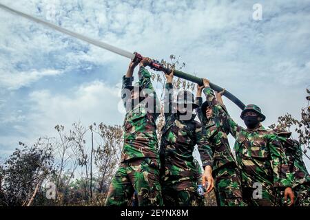 Meulaboh, Aceh, Indonésie. 1er mars 2021. L'effort d'extincteur d'incendie a impliqué le personnel de BPBD Aceh Barat, TNI, POLRI, des volontaires et le soutien des citoyens locaux.cinq hectares de tourbières à Gampong Peunaga Cut Ujong, Meuroubo, West Aceh a été en feu qui a commencé depuis le samedi 27 février 2021, sa propagation en raison des forts vents chauds atmosphériques. À côté des tourbières, les incendies ont également ravagé certaines plantations de palmier à huile. L'effet de brouillard a commencé à couvrir la zone de la ville de Meulaboh et autour. Le Coordonnateur du Centre de contrôle des opérations (PUSDALOPS) du West Aceh Distric Banque D'Images