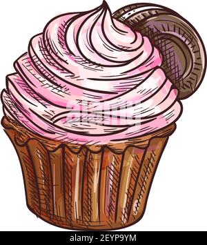Muffin rose fraise avec biscuit au chocolat aliment de pâtisserie isolé. Croquis de gâteau de tasse vectoriel, bonbons Illustration de Vecteur