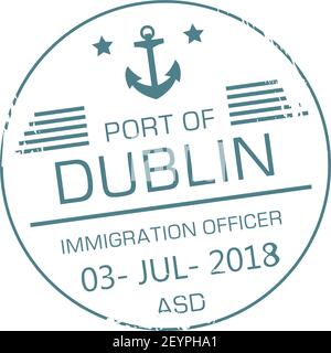 Timbre-visa de l'agent d'immigration du port de Dublin panneau rond isolé avec date et ancre. Vector Irlande frontière de la ville par mer signe, passeport suite Illustration de Vecteur