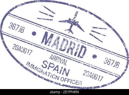 Espagne l'agent d'immigration visa timbre isolé est arrivé au sceau de Madrid. Panneau officiel de contrôle d'aéroport Vector Illustration de Vecteur