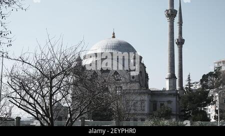 Mosquée de Dolmabahce du palais de dolmabahce et tour de l'horloge. Baroque et ancien pouf ancienne mosquée architecturale de dolmabahce près du bosphore d'istanbul. Banque D'Images