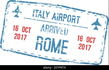 Timbre d'arrivée de l'aéroport d'Italie, destination de la ville de Rome. Modèle, avions et date de l'affiche de visa Vector Illustration de Vecteur