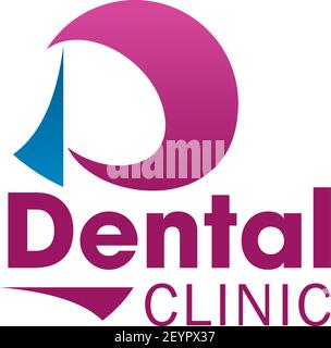 Icône de clinique dentaire pour la conception de cartes de visite en dentisterie. Emblème de marque de la société de soins dentaires et de soins dentaires avec lettre bleue et violette Illustration de Vecteur