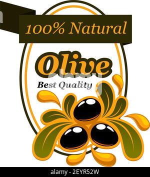 Icône de produit vert olive pour modèle d'étiquette d'emballage alimentaire. Fruit d'olive noir avec bouquet de feuilles vertes et badge goutte d'huile, décoré par le ribole Illustration de Vecteur