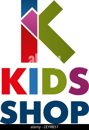 Boutique pour enfants lettre K icône de dessin animé pour enfants en ligne jouets ou magasin de vêtements et achats sur Internet. Symbole de couleur vectorielle de la lettre K pour les magasins pour enfants Illustration de Vecteur