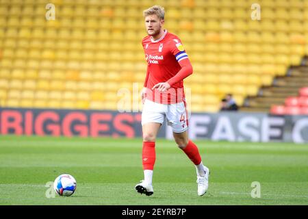 Watford, Royaume-Uni. 06e mars 2021. Joe Worrall de la forêt de Nottingham en action pendant le match. EFL Skybet Championship Match, Watford v Nottingham Forest au stade Vicarage Road à Watford le samedi 6 mars 2021. Cette image ne peut être utilisée qu'à des fins éditoriales. Utilisation éditoriale uniquement, licence requise pour une utilisation commerciale. Aucune utilisation dans les Paris, les jeux ou les publications d'un seul club/ligue/joueur. photo par Steffan Bowen/Andrew Orchard sports photographie/Alay Live news crédit: Andrew Orchard sports photographie/Alay Live News Banque D'Images