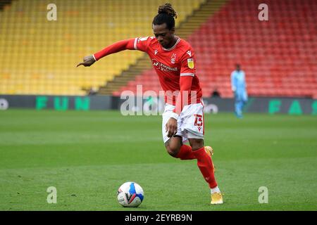 Watford, Royaume-Uni. 06e mars 2021. Gaetan Bong de la forêt de Nottingham en action pendant le match. EFL Skybet Championship Match, Watford v Nottingham Forest au stade Vicarage Road à Watford le samedi 6 mars 2021. Cette image ne peut être utilisée qu'à des fins éditoriales. Utilisation éditoriale uniquement, licence requise pour une utilisation commerciale. Aucune utilisation dans les Paris, les jeux ou les publications d'un seul club/ligue/joueur. photo par Steffan Bowen/Andrew Orchard sports photographie/Alay Live news crédit: Andrew Orchard sports photographie/Alay Live News Banque D'Images