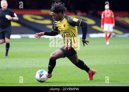 Watford, Royaume-Uni. 06e mars 2021. Joseph Hungbo de Watford en action pendant le jeu. EFL Skybet Championship Match, Watford v Nottingham Forest au stade Vicarage Road à Watford le samedi 6 mars 2021. Cette image ne peut être utilisée qu'à des fins éditoriales. Utilisation éditoriale uniquement, licence requise pour une utilisation commerciale. Aucune utilisation dans les Paris, les jeux ou les publications d'un seul club/ligue/joueur. photo par Steffan Bowen/Andrew Orchard sports photographie/Alay Live news crédit: Andrew Orchard sports photographie/Alay Live News Banque D'Images