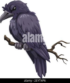 Crow sur l'icône de branche, animal méchant à plumes, vecteur isolé. Corbeau sur l'arbre, oiseau effrayant Illustration de Vecteur