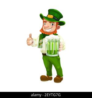 Leprechun irlandais en costume vert et chapeau montrant le signe ok isolé. Symbole de la Saint-Patrick Vector avec une tasse de bière Illustration de Vecteur