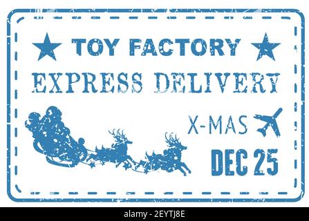 Cachet de livraison express avec Santa Claus, traîneau et déliers isolés. Vecteur Xmas air mail marque de poste Illustration de Vecteur