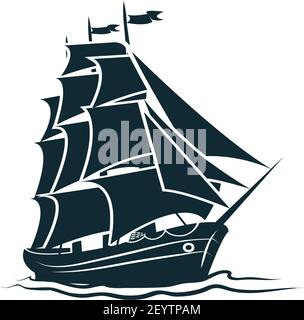 Bateau Brigantine naviguant dans les eaux de mer voilier isolé avec toile de fibre de verre et drapeaux. Yacht marin monochrome vectoriel Illustration de Vecteur