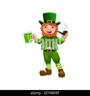Leprechaun en costume vert et chapeau isolé. Gnome à barbes irlandais Vector avec piquage de bière Illustration de Vecteur