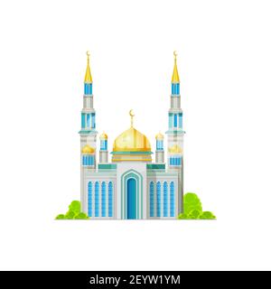 Temple musulman avec des dômes et des croissants sur le bâtiment de religion de l'islam isolé. Monument de minaret vectoriel, dômes dorés et façade. Architecture arabe Illustration de Vecteur