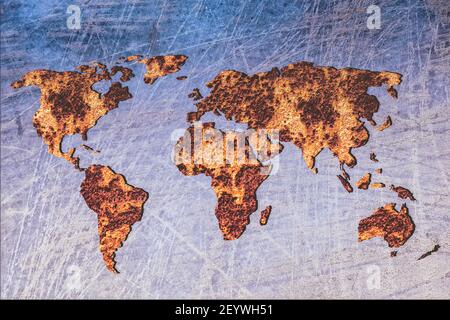 Carte du monde décrit environ avec remplissage en métal sur fond gris Banque D'Images