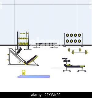 Salle de sport intérieure vide avec équipement de sport pour l'exercice. Équipement de fitness Vector, club de sport intérieur pour l'illustration des soins de santé Illustration de Vecteur