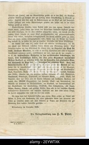 L'Universal-Lexikon der Vergangenheit und Gegenwart de Pierer. Vierte Auflage. Prospectus. Page 3. Banque D'Images