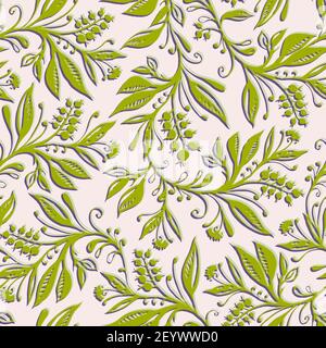 Motif fleuri sans couture avec feuilles et baies dans des couleurs vert chartreuse et crème. Dessiné à la main et numérisé. Design pour papiers peints, textiles, tissus. Illustration de Vecteur