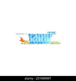 Skyline port construction futuriste compagnies aériennes internationales isolées icône de l'aéroport. Terminal Vector et avion sur la piste, verre d'aéroport b Illustration de Vecteur