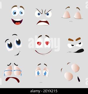 Dessin animé visage sourire pleurer, en colère et l'amour. Vecteur smily visage drôle, rire emoji, expression bouche et yeux avec coeur, curieux et l'illustration de l'amour Illustration de Vecteur