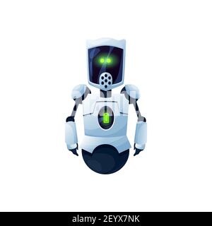 Sympathique robot android sans pied sur la roue cyborg isolé icône de dessin animé. Vector ai bot, assistant intelligent robotique android convivial et sophistiqué. Artifici Illustration de Vecteur
