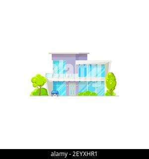 Façade de patio de luxe moderne, garage et voitures garées, arbres verts. Chalet Vector maison de campagne, bâtiment contemporain de style champêtre architecture isola Illustration de Vecteur