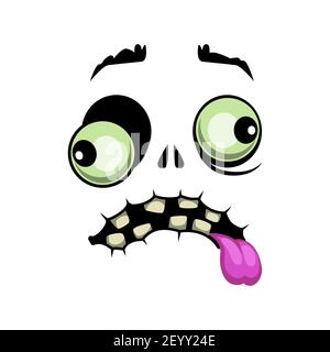 Zombie visage emoji isolé vecteur icône, monstre de dessin animé avec l'oeil abandonné et la langue rose. Halloween créature, drôle d'émotion avec craepy mou Illustration de Vecteur