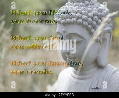 Citation inspirante de Bouddha sur l'esprit. « ce que vous pensez, vous devenez. Ce que vous ressentez, vous attirer. Ce que vous imaginez, vous créez.' Banque D'Images