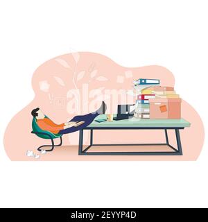 Travailleur paresseux négligent au travail, procrastinate concept. Vector travail paresseux travailleur procrastinate de style plat. Illustration plate de dessin animé. Overwor Illustration de Vecteur