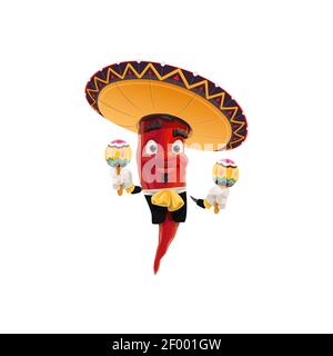 Piment rouge avec instrument de musique maracas musicien mariachi isolé. Vector Mexicain Cinco de Mayo fête caractère, jalapeno caye Illustration de Vecteur