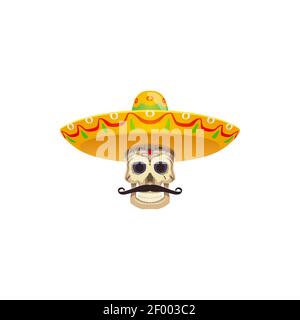 Crâne avec moustaches et chapeau de sombrero isolé Dia de los muertos vacances mexicaines attributs. Vector Cinco de Mayo objets de vacances, fiesta Party attr Illustration de Vecteur