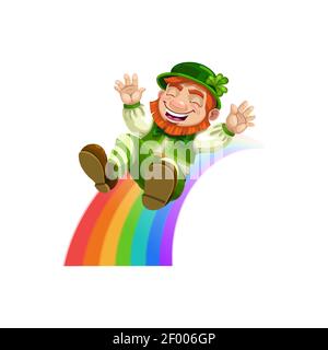 Heureux lepretchun glissant vers le bas arc-en-ciel isolé. Elfe à sourire vectoriel en chapeau et costume vert Illustration de Vecteur