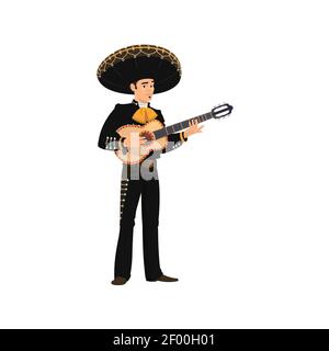 Guitariste mexicain mariachi jouant sur un joueur de groupe musical isolé à la guitare. Vector musicien espagnol en chapeau sombrero et costume traditionnel. Cinco de m Illustration de Vecteur
