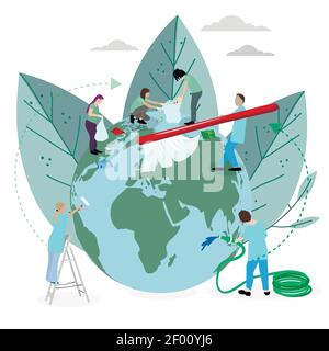 L'équipe de bénévoles nettoie et lave la planète du plastique et des déchets. Le travail d'équipe mondial prend soin du monde entier, jetez les déchets et les ordures, le soutien volontaire. VVecto Illustration de Vecteur