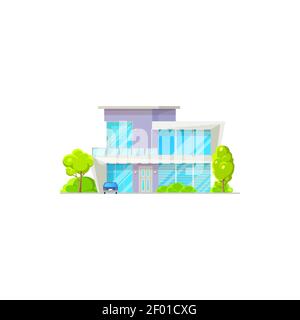 Façade de patio de luxe moderne, garage et voitures garées, arbres verts. Chalet Vector maison de campagne, bâtiment contemporain de style champêtre architecture isola Illustration de Vecteur