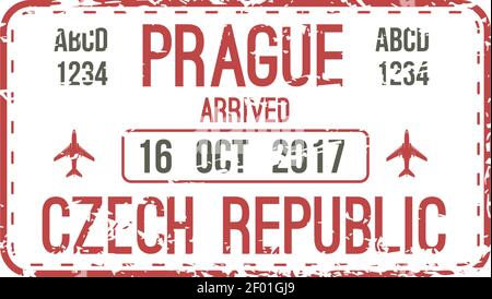 Timbre d'arrivée à Prague, République tchèque sceau isolé dans le passeport. Vecteur de voyage en avion, signe officiel de l'immigration Illustration de Vecteur