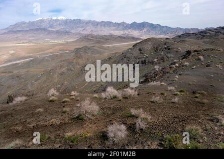 La chaîne de montagnes de Karkas s'élève au-dessus du désert dans la province d'Isfahan en Iran. Village de Tarq ci-dessous. Banque D'Images