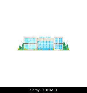Clinique dentaire façade extérieur isolé centre de soins dentaires. Centre de médecine dentaire Vector, ambulance stomatologie, lampadaires et arbres. Construction médicale Illustration de Vecteur
