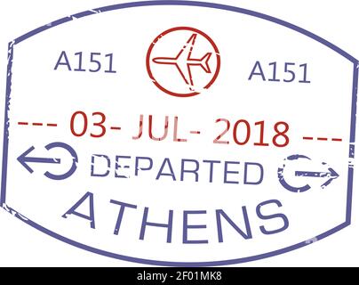 Athènes a quitté le timbre de visa isolé grunge signe de l'aéroport avec des avions. Vector Grèce signe de contrôle des frontières, marque d'immigration internationale avec date. DEPA Illustration de Vecteur