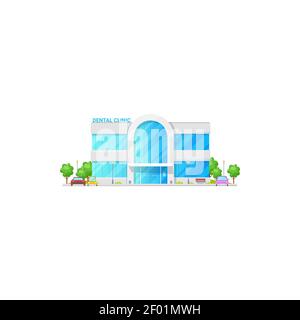 Clinique dentaire façade extérieur isolé centre de soins dentaires. Bâtiment de soins de santé Vector, ambulance dentaire avec zone de stationnement et arbres verts. Entrée Illustration de Vecteur