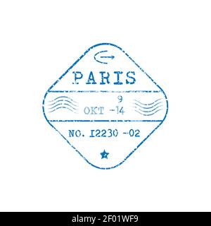 Paris cachet de poste marque isolée avec lignes ondulées et date. Étiquette d'affranchissement vectorielle bleue, icône courrier grunge. Symbole de destination Europe, cachet de la poste en caoutchouc. JE Illustration de Vecteur