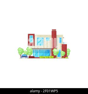 Maison de campagne moderne avec véhicule en stationnement isolé icône réaliste. Vector élégant bâtiment, maison à louer ou à vendre, manoir de style chalet. Panora en verre Illustration de Vecteur
