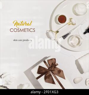 Flat Lay, composition cosmétique avec des ingrédients naturels, accessoires de beauté, boîte cadeau et texte d'échantillon facile à retirer. Concept de mode de vie de soins de la peau. Banque D'Images