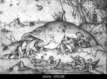 Pieter Bruegel l'aîné - Big Fish mangez peu de poisson. Banque D'Images