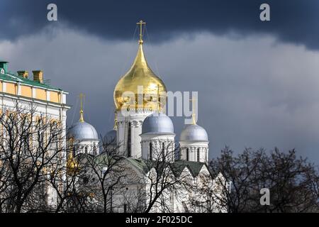 Cathédrales du Kremlin. Dômes dorés de temples en pierre blanche. Banque D'Images