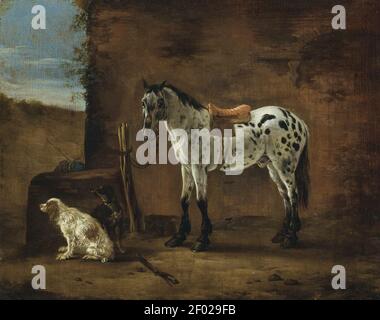 Pieter cornelisz verbeeck un cheval piébald attaché à un poste d'attelage et025051). Banque D'Images