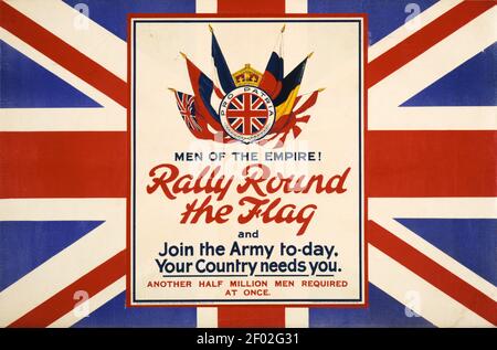 Hommes de l'Empire! Rallye autour du drapeau. Rejoignez l'Armée de terre au jour le jour. Votre pays a besoin de vous. Union Jack, le drapeau britannique illustre cette annonce / affiche. Banque D'Images